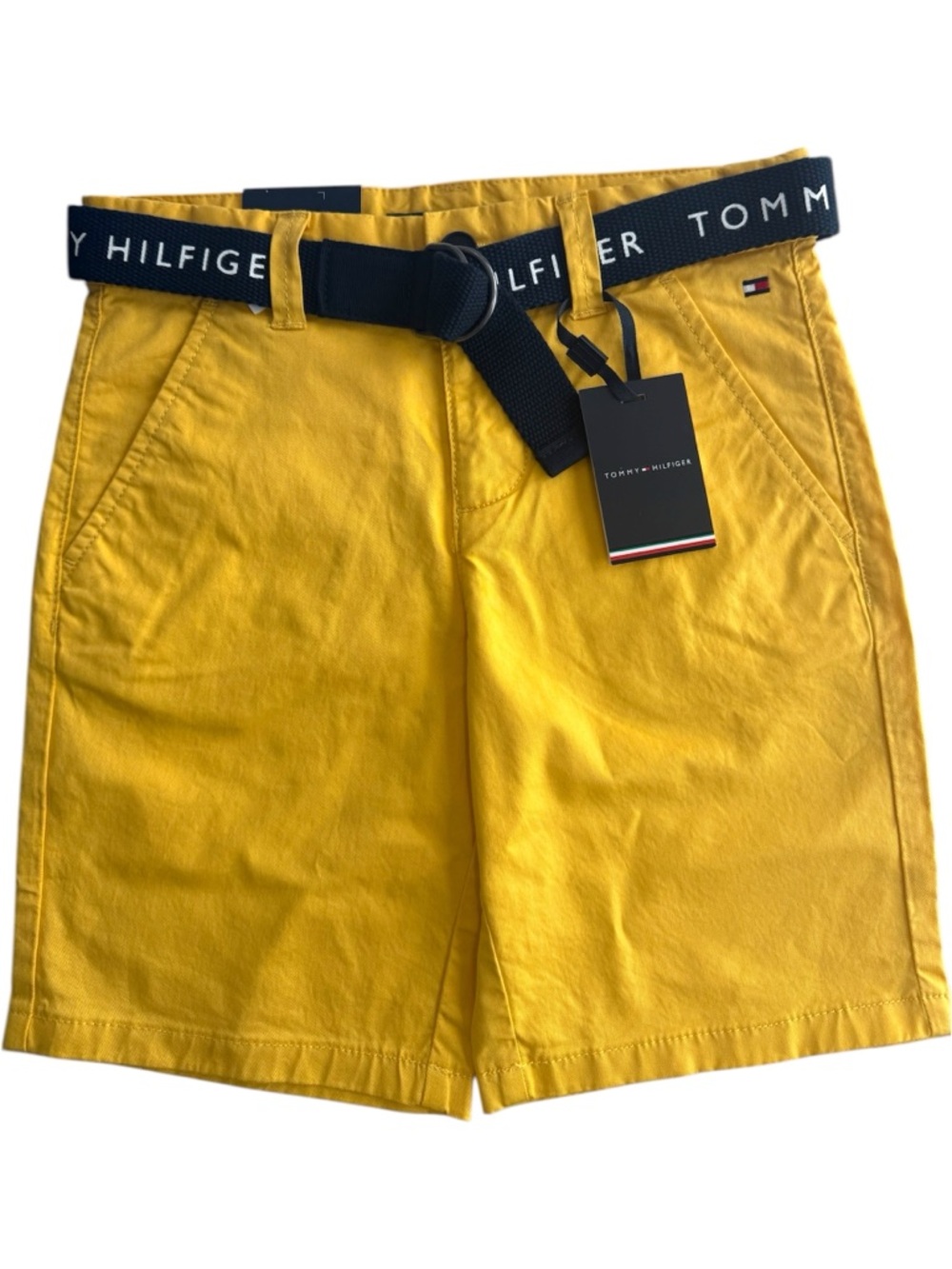NWT Tommy Hilfiger Boy’s Bright Yellow Cotton Flat-Front Shorts with Logo Belt